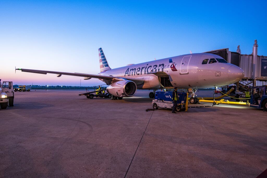 American Airlines plane at dusk