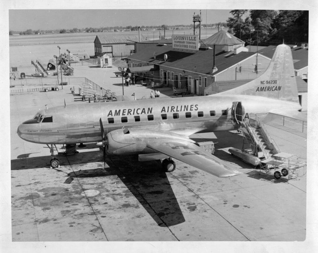 Historical American Airlines plane at the temporary standiford field terminal