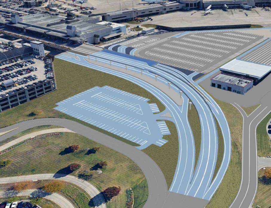 Aerial rendering of planned roadway realignment at Louisville Muhammad Ali International Airport, showing redesigned traffic lanes, expanded parking areas, and improved vehicle access to the terminal.