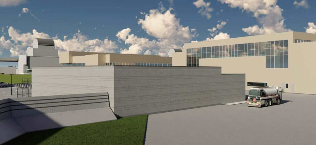 Architectural rendering of a microgrid facility at Louisville Muhammad Ali International Airport, showing a modern utility building with a fuel truck parked outside and adjacent airport structures under a partly cloudy sky.